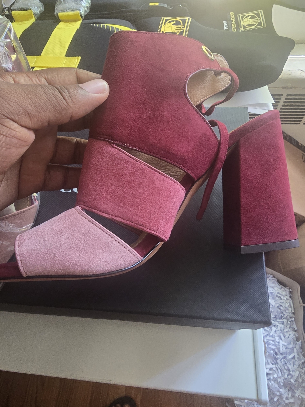 Coach Minetta Lux Two-Tone Suede Block Heel Sandal - Burgundy/Pink